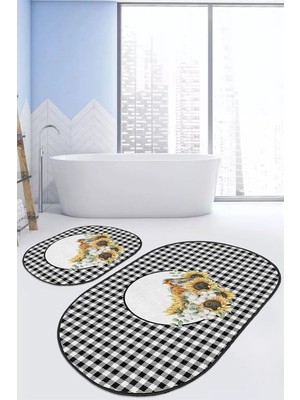 Rem Home Remhome Ekose Siyah Beyaz Tasarımlı 2'li Oval Kaymaz Tabanlı Banyo Halı Seti & Klozet Paspas Seti Takım Banyo Paspası