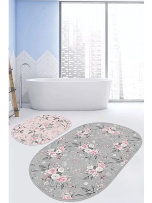 Rem Home Remhome Gri & Pembe Zemin Gül Özel Tasarımlı 2'li Oval Kaymaz Tabanlı Banyo & Mutfak Paspas Takımı Takım Banyo Paspası