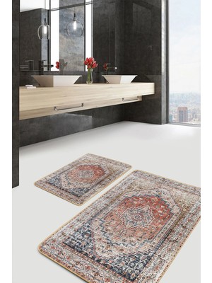 Rem Home Remhome Krem - Bej Zeminde Göbekli Halı Motifli Osmanlı Avangarde Eskitme Motifli 2'li Banyo Paspas Takımı Takım Banyo Paspası