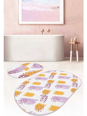 Rem Home Remhome Renkli Fırça Darbeleri Özel Tasarım 2'li Oval Kaymaz Tabanlı Banyo & Mutfak Paspas Takımı Takım Banyo Paspası