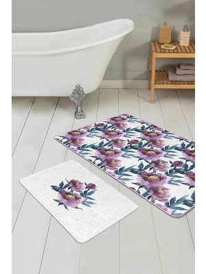 Rem Home Remhome Eflatun Suluboya Gül Motifli 2'li Banyo Paspası & Klozet Paspas Takımı Takım Banyo Paspası