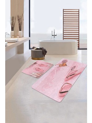 Rem Home Remhome Pembe Gold Detaylı Terlik Tasarımlı 2'li Kaymaz Tabanlı Banyo & Mutfak Paspas Takımı Takım Banyo Paspası