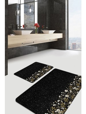Rem Home Remhome Siyah Zemin Gold Detaylı Çiçekler Dijital Baskılı 2'li Kaymaz Tabanlı Banyo & Mutfak Paspas Takımı Takım Banyo Paspası