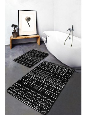 Rem Home Remhome Siyah - Beyaz Zeminde Iskandinav Motifli Geometrik Desenli Etnik Motifler 2'li Banyo Paspas Takımı Takım Banyo Paspası