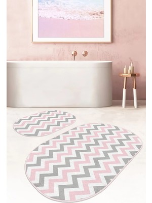 Rem Home Remhome Pembe Gri Zigzag Motifli 2'li Oval Kaymaz Tabanlı Banyo & Mutfak Paspas Takımı Takım Banyo Paspası