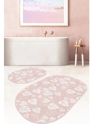 Rem Home Remhome Pudra Zemin Tropik Yapraklar Dijital Baskılı 2'li Oval Kaymaz Tabanlı Banyo & Mutfak Paspas Takımı Takım Banyo Paspası