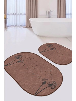 Rem Home Remhome Kahverengi Zemin Karahindiba Motifli 2'li Oval Banyo Paspas Seti & Klozet Paspas Takımı9 Takım Banyo Paspası