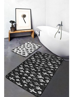 Rem Home Remhome Siyah Beyaz Kaktüs Motifli Özel Tasarım 2'li Kaymaz Tabanlı Banyo & Mutfak Paspas Takımı Takım Banyo Paspası