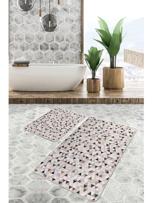Rem Home Remhome Krem - Kahverengi Zeminde Patchwork Motifli Geleneksel Desenli Geometrik 2'li Banyo Paspas Takımı Takım Banyo Paspası