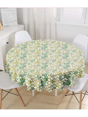 Rem Home Remhome Beyaz Zemin Üzerinde Yeşil Puantiyeli Yaprak Desenli Yuvarlak Masa Örtüsü - Çap 140CM 140 x 140 cm