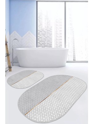 Rem Home Remhome Gri Beyaz Ogea Özel Tasarımlı 2'li Oval Kaymaz Tabanlı Banyo & Mutfak Paspas Takımı Takım Banyo Paspası