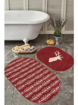 Rem Home Remhome Kahverengi Zeminli Geyik Tasarımlı 2'li Oval Kaymaz Tabanlı Banyo Halısı Takımı & Mutfak Halı Seti Takım Banyo Paspası