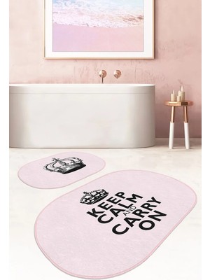 Rem Home Remhome Pembe Zemin Keep Calm Tasarımlı 2'li Oval Kaymaz Tabanlı Banyo Halı Seti & Mutfak Paspas Takımı Takım Banyo Paspası