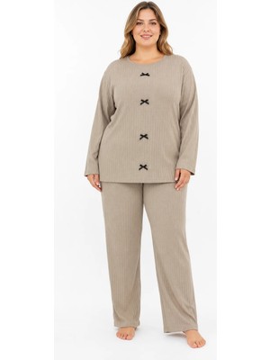Sleeproom Büyük Beden Kaşkorse Mevsimlik Bej Pijama Takımı