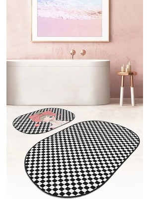 Rem Home Remhome Siyah Beyaz Dama Zemin Öpücük Atan Kız 2'li Oval Kaymaz Tabanlı Banyo & Mutfak Paspas Takımı Takım Banyo Paspası