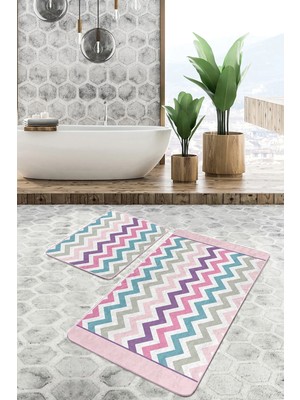 Rem Home Remhome Renkli Geometrik Zigzag Özel Tasarım 2'li Kaymaz Tabanlı Banyo & Mutfak Paspas Takımı Takım Banyo Paspası