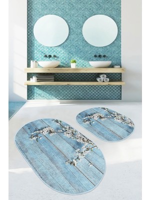 Rem Home Remhome Mavi Ahşap Motifli Çiçek Tasarımlı 2'li Oval Kaymaz Tabanlı Banyo & Mutfak Paspas Takımı Takım Banyo Paspası