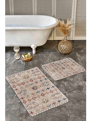 Rem Home Remhome 2'li Set Krem Zeminde Kilim Motifli Baklava Desenli Etnik Motifler Vintage 2'li Banyo Paspas Takımı Takım Banyo Paspası
