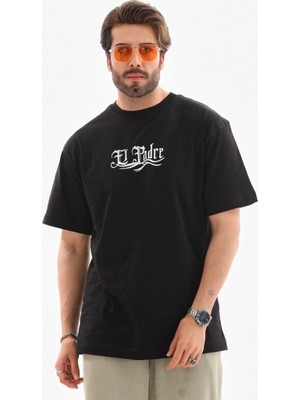 Hace Bazaar Bisiklet Yaka Baskılı Oversize T-Shirt - Siyah -