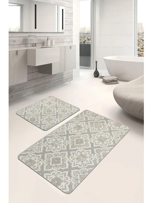 Rem Home Remhome 2'li Set Krem Zeminde Örgü Motifli Antik Desenli Klasik Sade & Şık 2'li Banyo & Mutfak Paspas Takımı Takım Banyo Paspası