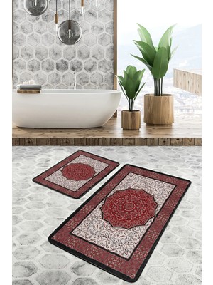 Rem Home Remhome 2'li Set Kırmızı Zeminde Osmanlı Motifli Yöresel Desenli Avangarde Vintage 2'li Banyo Paspas Takımı Takım Banyo Paspası