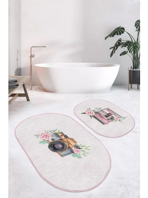 Rem Home Remhome Retro Fotoğraf Makinası Dijital Baskılı 2'li Oval Kaymaz Tabanlı Banyo & Mutfak Paspas Takımı Takım Banyo Paspası