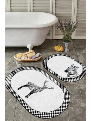 Rem Home Remhome Zebra Motifli Geytik Tasarımlı 2'li Oval Kaymaz Tabanlı Banyo Paspas Takımı & Mutfak Paspas Seti Takım Banyo Paspası