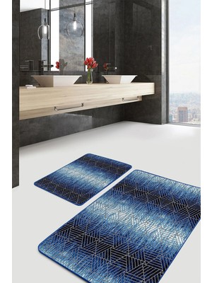 Rem Home Remhome 2'li Set Gold - Lacivert Zeminde Geometrik Motifli Üçgen Desenli Geometrik 2'li Banyo Paspas Takımı Takım Banyo Paspası