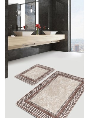 Rem Home Remhome 2'li Bej Zeminde Çerçeveli Motifli Klasik Desenli Geometrik Klasik 2'li Banyo & Mutfak Paspas Takımı Takım Banyo Paspası