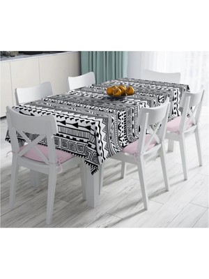 Rem Home Remhome Siyah Beyaz Dekoratif African Motifli Modern Leke Tutmaz Masa Örtüsü