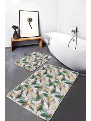 Rem Home Remhome Tropikal Tüy Motifli Dijital Baskılı 2'li Kaymaz Tabanlı Banyo & Mutfak Paspas Takımı Takım Banyo Paspası