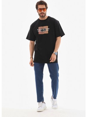 Hace Bazaar Bisiklet Yaka Baskılı Oversize T-Shirt - Siyah -