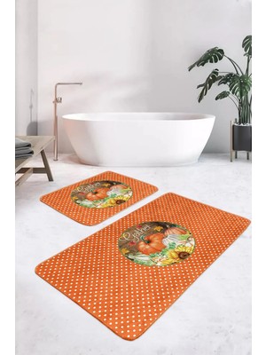 Rem Home Remhome Turuncu Puantiyeli Kabak Tasarımlı 2'li Banyo Halısı Seti & Banyo Paspas Takımı Takım Banyo Paspası