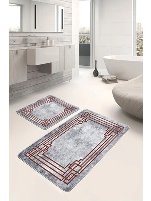 Rem Home Remhome 2'li Set Gri Zeminde Çerçeveli Motifli Eskitme Eskitme Motifli Klasik 2'li Banyo Paspas Takımı Takım Banyo Paspası