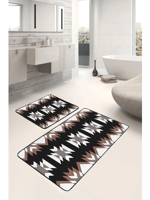 Rem Home Remhome Siyah Kahverengi Zeminde Etnik Motifli Geleneksel Desenli Etnik Motifler 2'li Banyo Paspas Takımı Takım Banyo Paspası