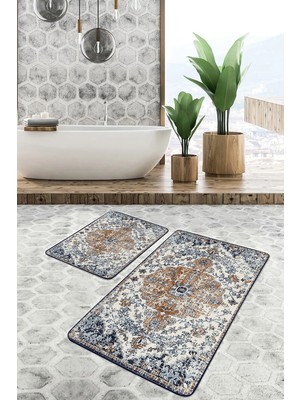 Rem Home Remhome 2'li Set Antika Zeminde Etnik Motifli Pers Desenli Eskitme Motifli Vintage 2'li Banyo Paspas Takımı Takım Banyo Paspası