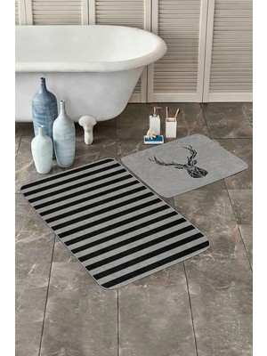 Rem Home Remhome Gri Siyah Çizgili Geyik Motifli 2'li Kaymaz Tabanlı Banyo & Mutfak Paspas Takımı Takım Banyo Paspası