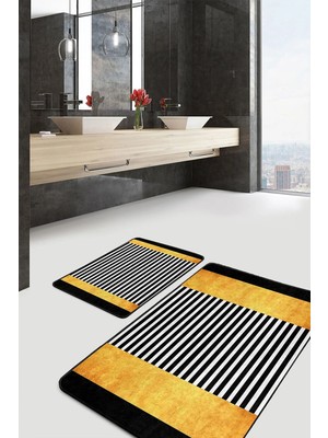Rem Home Remhome Gold - Siyah Zeminde Modern Sanat Motifli Altın Geometrik Modern 2'li Banyo & Mutfak Paspas Takımı Takım Banyo Paspası