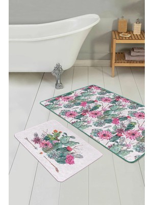 Rem Home Remhome Kaktüs Özel Tasarım Dijital Baskılı 2'li Kaymaz Tabanlı Banyo & Mutfak Paspas Takımı Takım Banyo Paspası