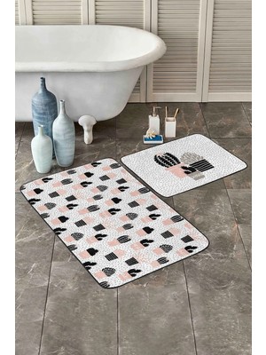 Rem Home Remhome Puantiye Zeminli Kaktüs Tasarımlı 2'li Kaymaz Tabanlı Banyo & Mutfak Paspas Takımı Takım Banyo Paspası