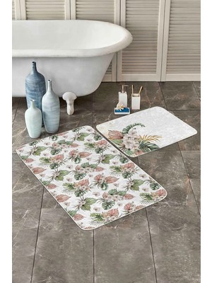 Rem Home Remhome Soft Tropik Yapraklar Özel Tasarım Dijital Baskılı 2'li Kaymaz Tabanlı Banyo & Mutfak Paspas Takımı Takım Banyo Paspası