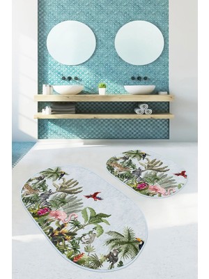 Rem Home Remhome Tropik Hayvanlar Bitkiler Özel Tasarım 2'li Oval Banyo Paspas Seti & Banyo Halı Takımı Takım Banyo Paspası