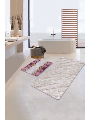 Rem Home Remhome Mermer Motifli Mor Mermer Detaylı 2'li Kaymaz Tabanlı Banyo & Mutfak Paspas Takımı Takım Banyo Paspası