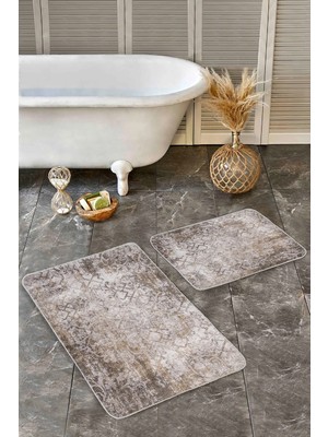 Rem Home Remhome Ekru - Krem Zeminde Örme Motifli Yöresel Eskitme Motifli Geometrik 2'li Banyo & Mutfak Paspas Takımı Takım Banyo Paspası