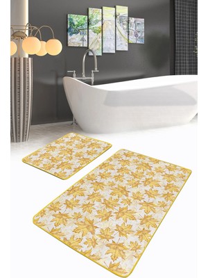 Rem Home Remhome Gold Yapraklar Özel Tasarım Dijital Baskılı 2'li Kaymaz Tabanlı Banyo & Mutfak Paspas Takımı Takım Banyo Paspası