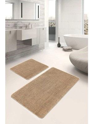 Rem Home Remhome 2'li Set Bej Zeminde Hasır Motifli Jüt Desenli Sade & Şık Vintage 2'li Banyo & Mutfak Paspas Takımı Takım Banyo Paspası