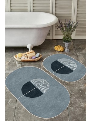 Rem Home Remhome Onedraw Özel Tasarımlı Dijital Baskılı 2'li Oval Kaymaz Tabanlı Banyo & Mutfak Paspas Takımı Takım Banyo Paspası