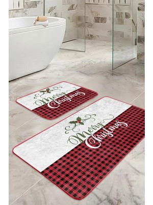 Rem Home Remhome Mery Christmas Motifli 2'li Banyo Paspas Takımı & Mutfak Paspas Seti Takım Banyo Paspası