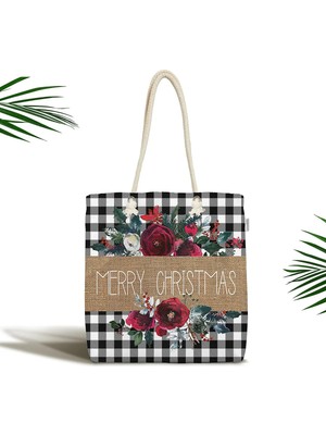 Rem Home Remhome Mery Christmas Temalı Siyah Beyaz Ekose Gül Detaylı Fermuarlı Kumaş Omuz Çantası