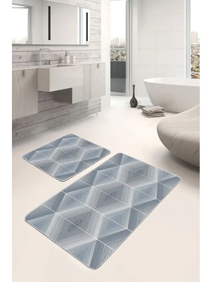 Rem Home Remhome 2'li Set Gri Mavi Zeminde Üçgen Motifli Geometrik Desenli Geometrik Klasik 2'li Banyo Paspas Takımı Takım Banyo Paspası